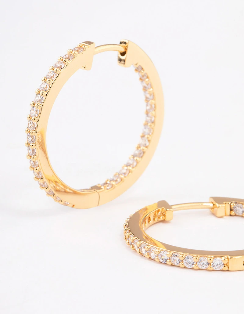 Gold Plated Brass Cubic Zirconia Pave Huggie Earrings