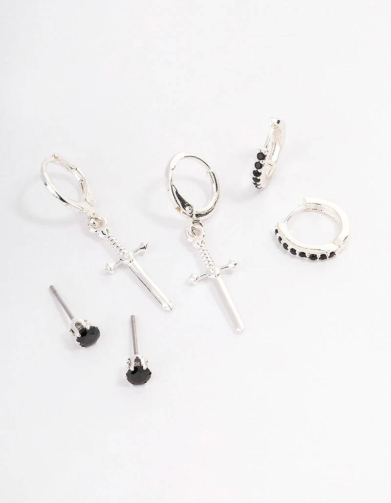 Silver Plated Brass Cubic Zirconia Dagger Huggie Earrings Pack