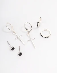 Silver Plated Brass  Cubic Zirconia Dagger Huggie Earrings Pack