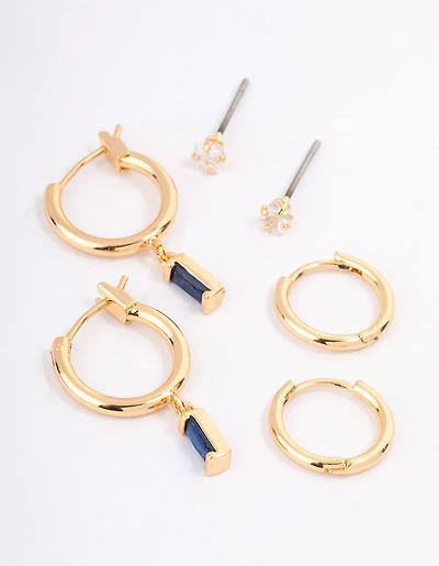 Gold Plated Brass Cubic Zirconia Emerald Cut Huggie Earrings Pack