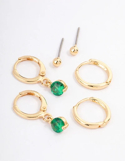 Gold Plated Brass Cubic Zirconia Round Cut Huggie Earrings Pack