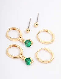 Gold Plated Brass Cubic Zirconia Round Cut Huggie Earrings Pack