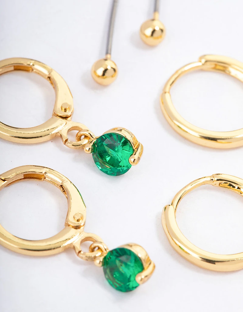 Gold Plated Brass Cubic Zirconia Round Cut Huggie Earrings Pack