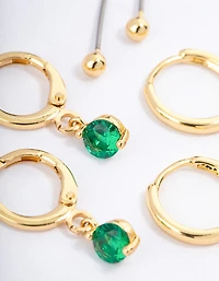 Gold Plated Brass Cubic Zirconia Round Cut Huggie Earrings Pack