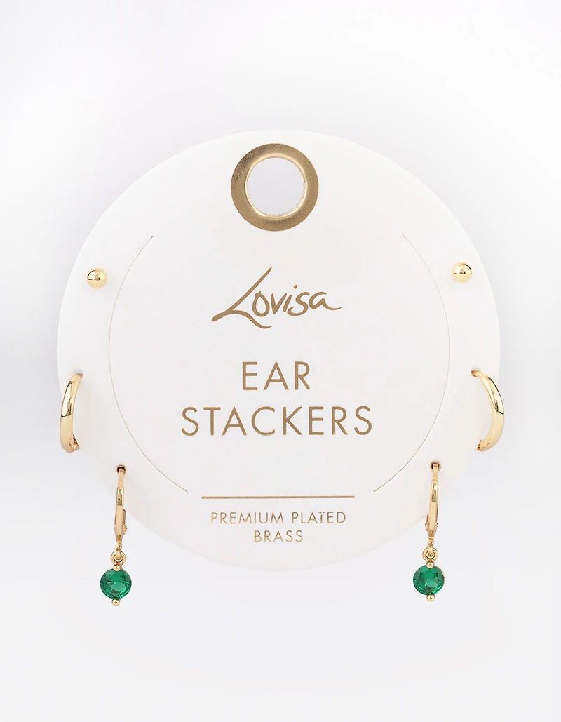 Gold Plated Brass Cubic Zirconia Round Cut Huggie Earrings Pack