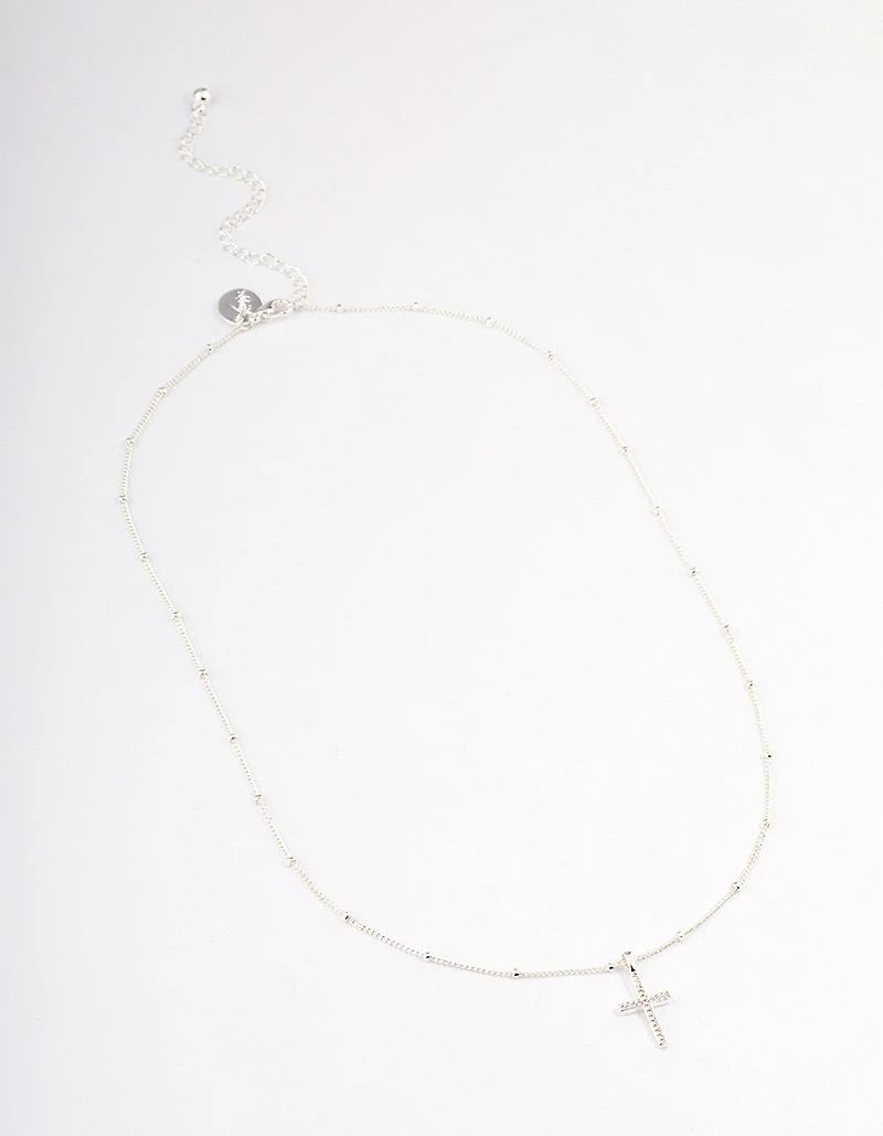 Silver Plated Brass  Cubic Zirconia Pave Cross Necklace
