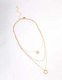 Gold Organic Circle Disc Triple Row Necklace