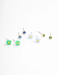 Green & Blue Flower Stud Earrings 4-Pack