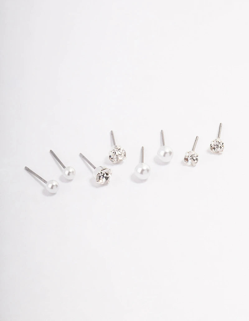 Silver Pearl & Diamante Stud Earrings 4-Pack