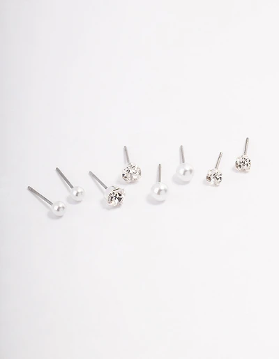 Silver Pearl & Diamante Stud Earrings 4-Pack