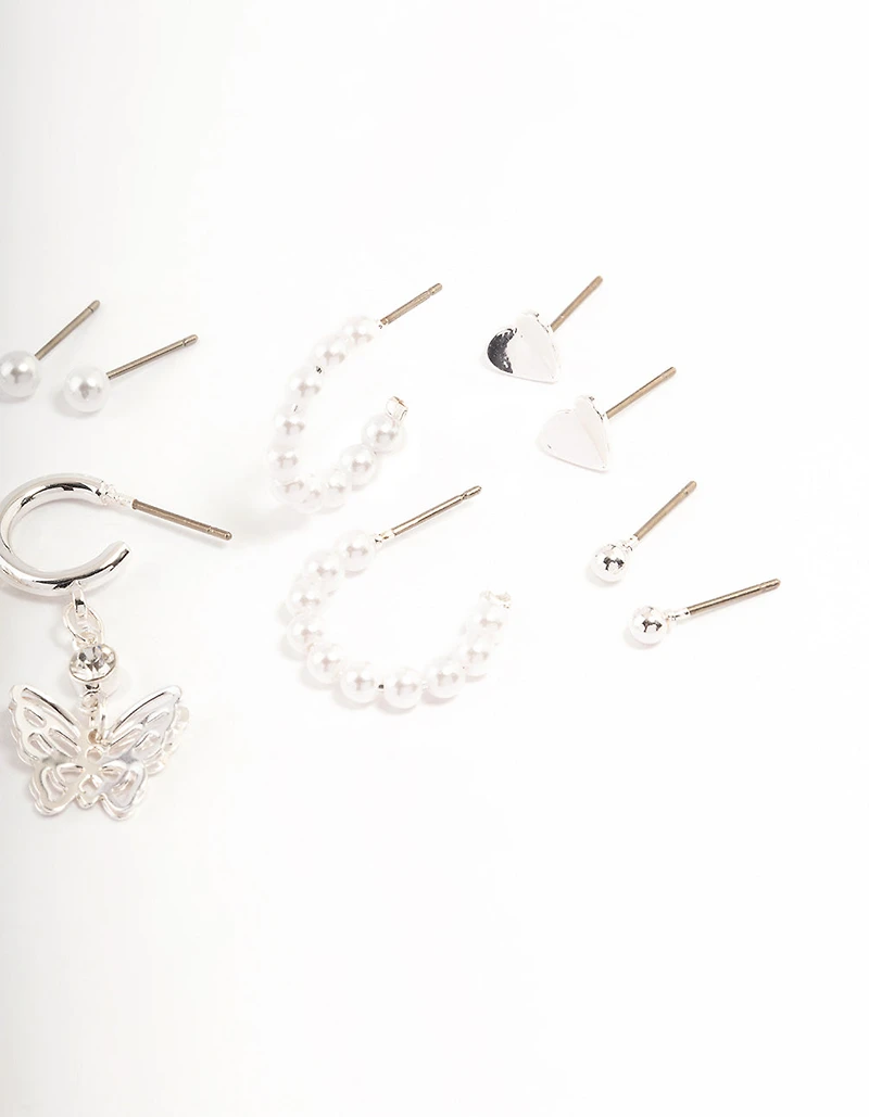 Silver Charm & Pearl Stud Earrings 6-Pack