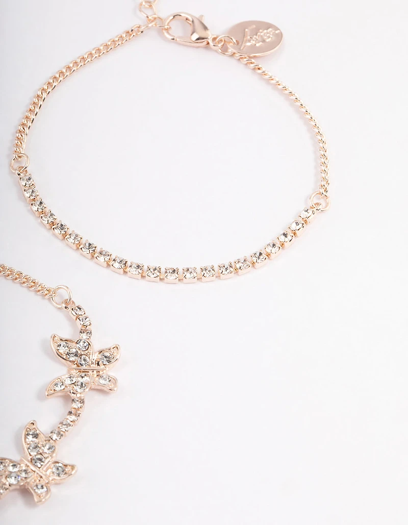 Rose Gold Diamante & Butterfly Bracelet Pack