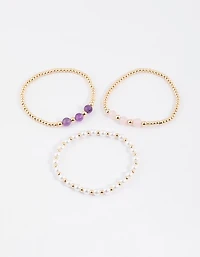 Gold Pearl & Amethyst Stretch Bracelet Pack