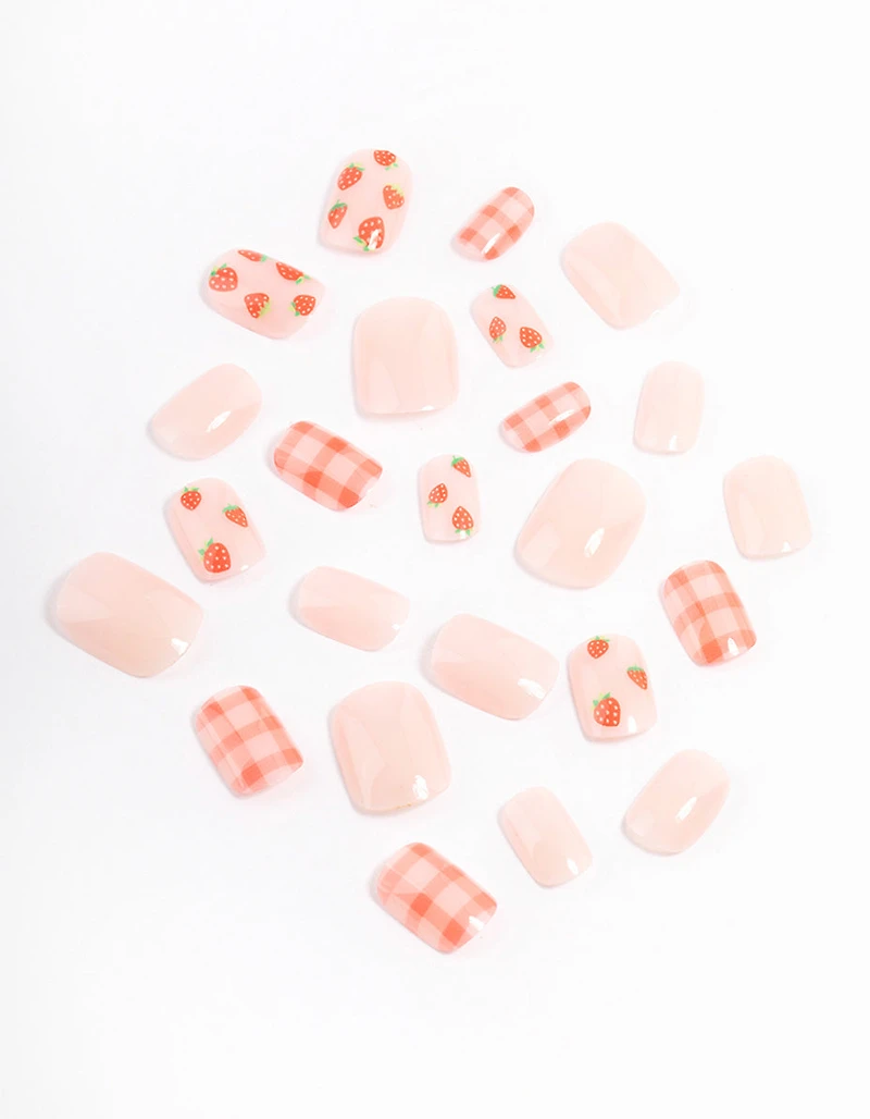 Tweens Strawberry & Checkered Press On Nails