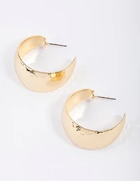 Gold Plated Brass Wide Hammered Hoop Earrings
