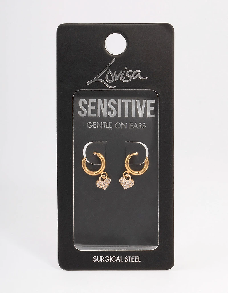 Gold Plated Surgical Steel Cubic Zirconia Floated Heart Huggie Earrings