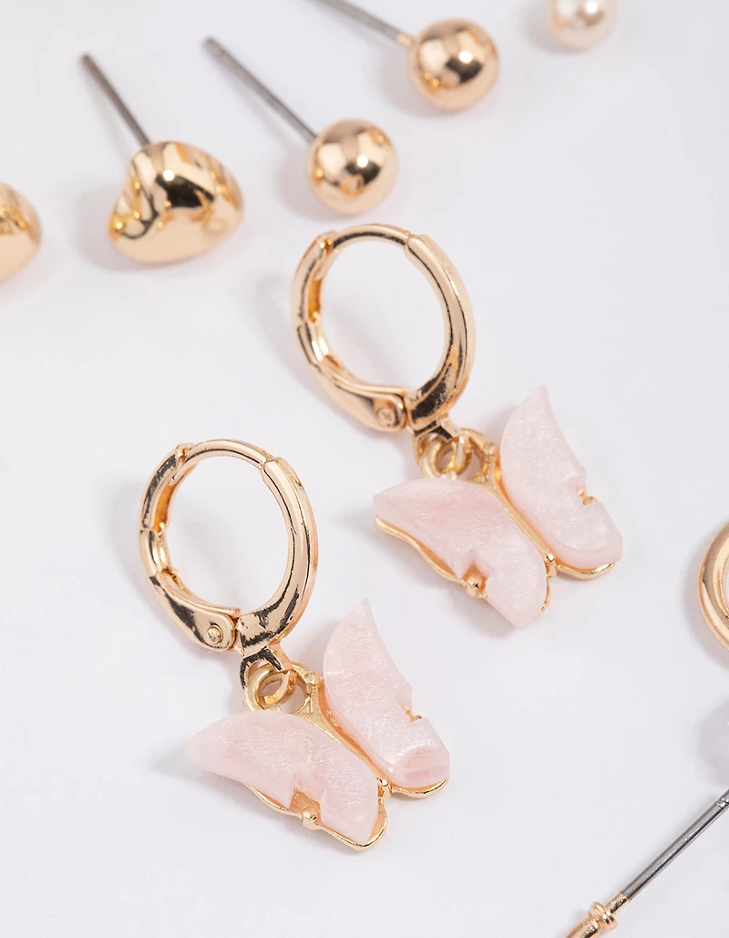 Gold Butterfly Motif Stud & Hoop Earrings 8-Pack