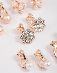 Silver Pearl & Diamante Flower Clip On Earrings 5-Pack