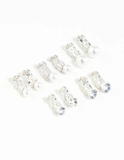 Silver Pearl & Diamante Clip On Earrings 5-Pack