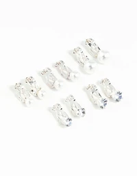 Silver Pearl & Diamante Clip On Earrings 5-Pack