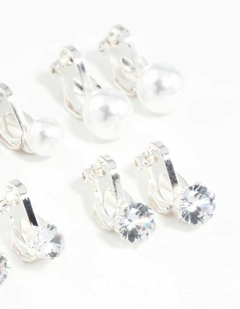 Silver Pearl & Diamante Clip On Earrings 5-Pack