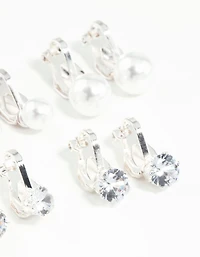 Silver Pearl & Diamante Clip On Earrings 5-Pack