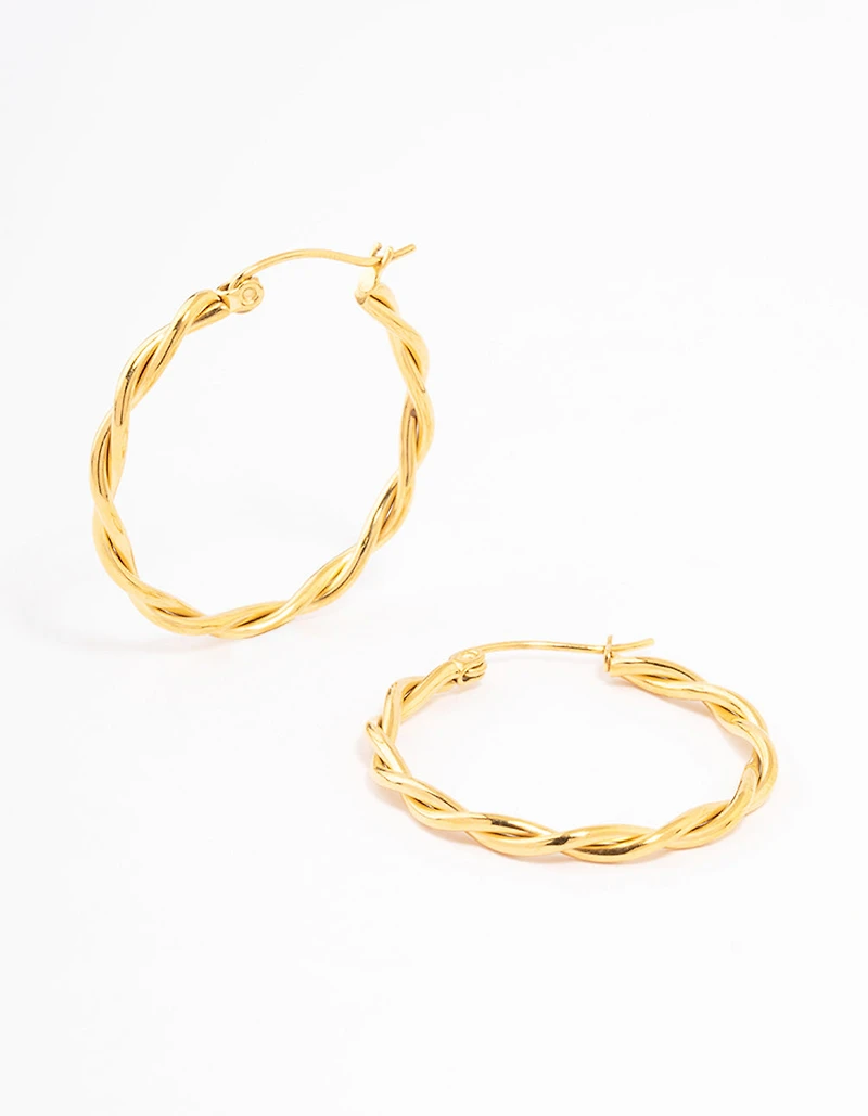 Waterproof Gold Plated Stainless Steel Medium Thin Twisted Hoop Earrings