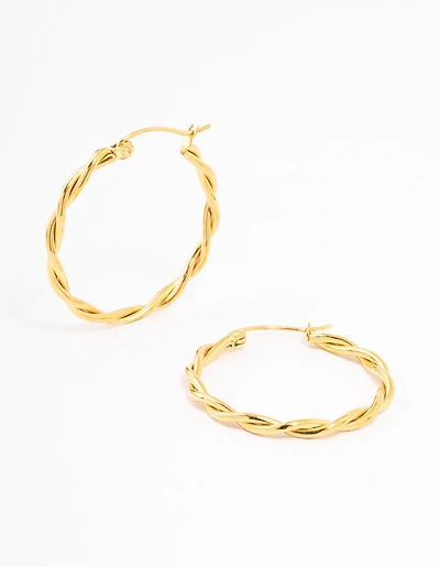 Waterproof Gold Plated Stainless Steel Medium Thin Twisted Hoop Earrings