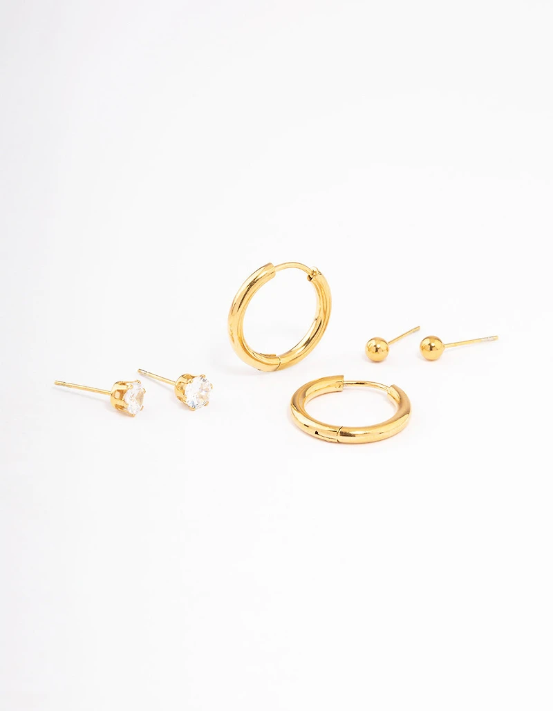 Waterproof Gold Plated Stainless Steel Basic Cubic Zirconia Earrings Pack