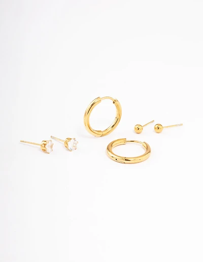 Waterproof Gold Plated Stainless Steel Basic Cubic Zirconia Earrings Pack