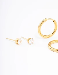 Waterproof Gold Plated Stainless Steel Basic Cubic Zirconia Earrings Pack