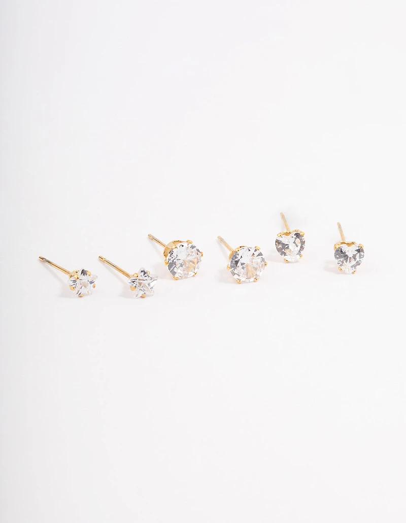 Waterproof Gold Plated Stainless Steel Star & Heart Stud Earrings Pack