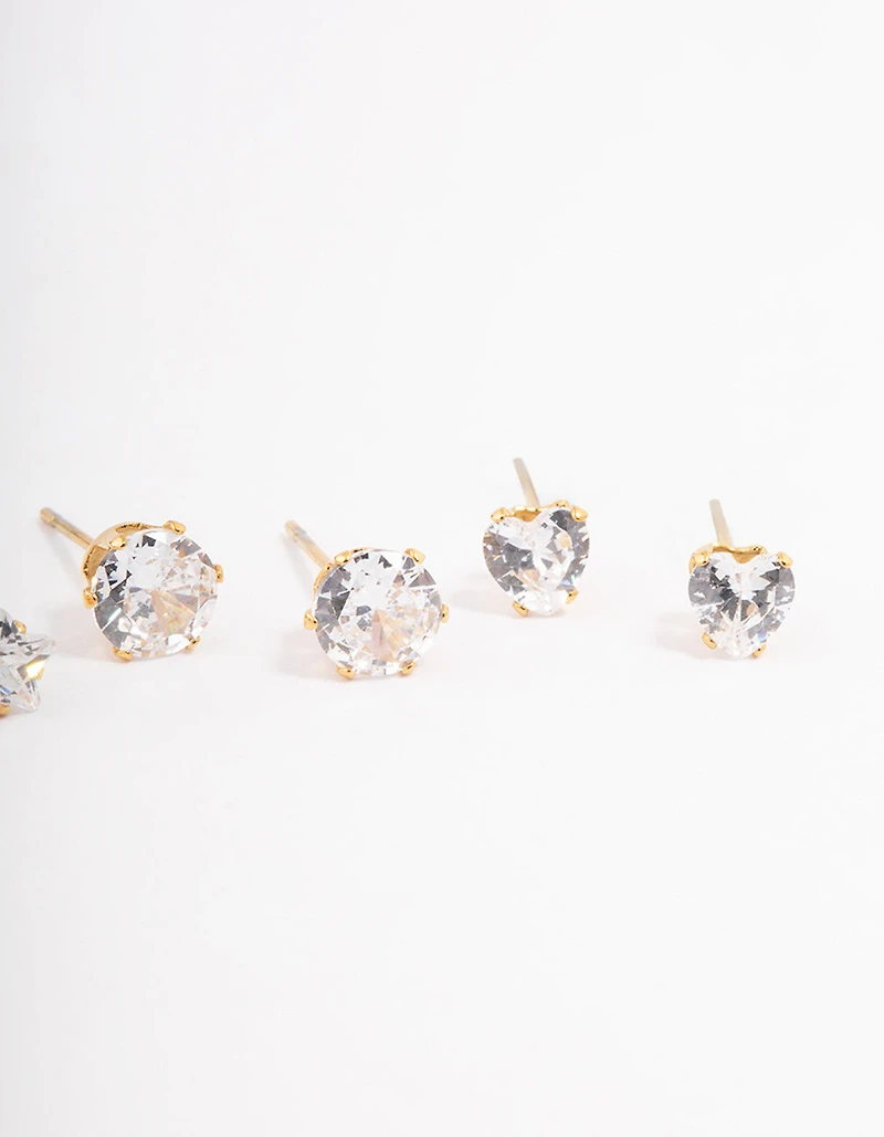 Waterproof Gold Plated Stainless Steel Star & Heart Stud Earrings Pack
