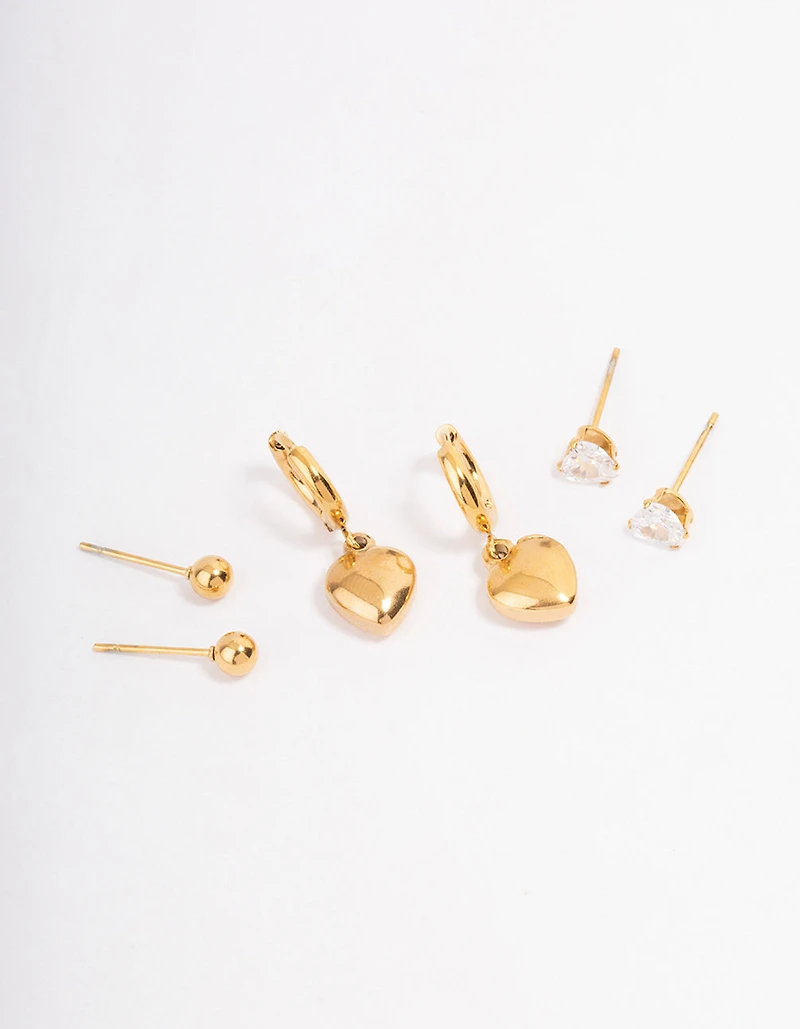 Waterproof Gold Plated Stainless Steel Cubic Zirconia & Huggie Heart Earrings Pack