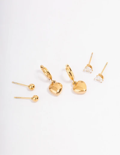 Waterproof Gold Plated Stainless Steel Cubic Zirconia & Huggie Heart Earrings Pack