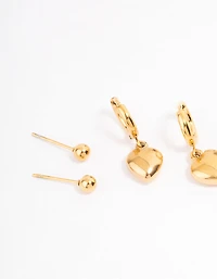 Waterproof Gold Plated Stainless Steel Cubic Zirconia & Huggie Heart Earrings Pack