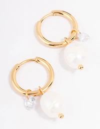 Waterproof Gold Plated Stainless Steel Classic Freshwater Pearl & Cubic Zirconia Huggie Earrings