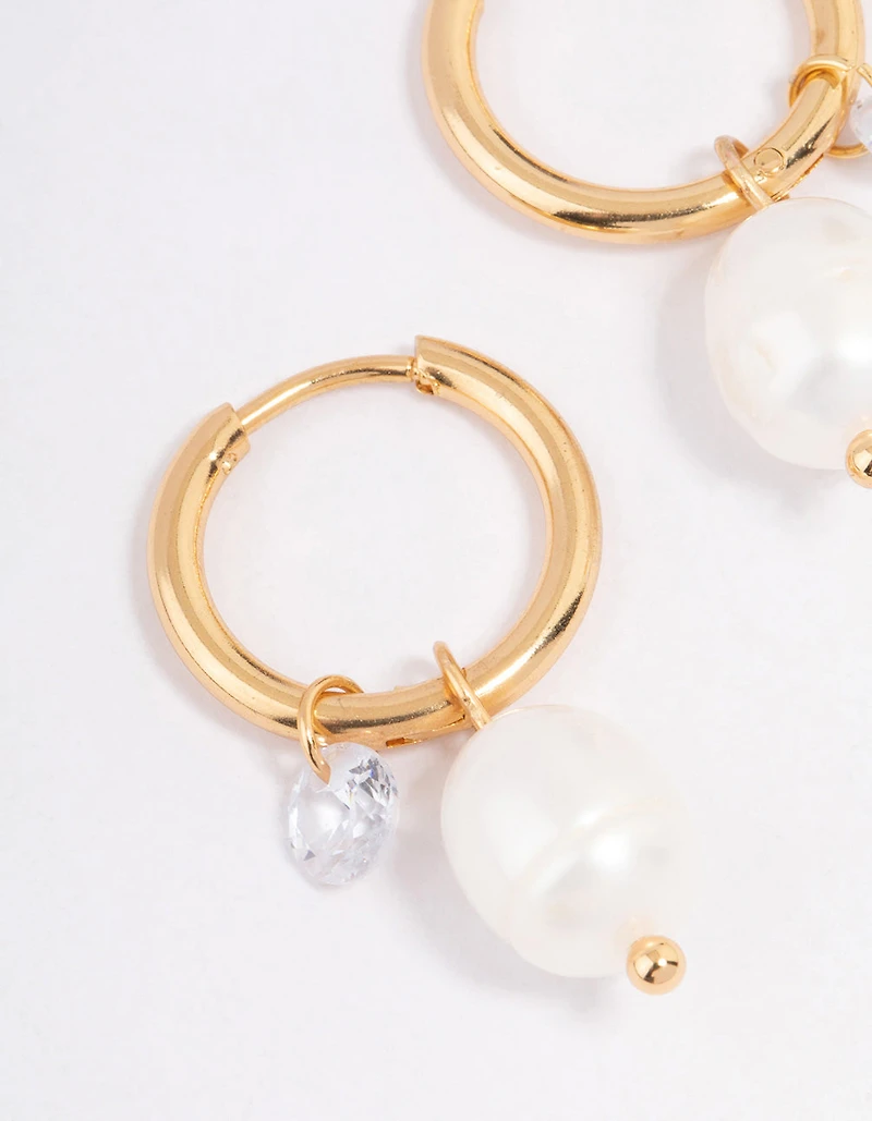 Waterproof Gold Plated Stainless Steel Classic Freshwater Pearl & Cubic Zirconia Huggie Earrings