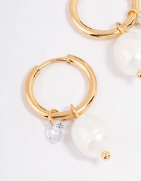 Waterproof Gold Plated Stainless Steel Classic Freshwater Pearl & Cubic Zirconia Huggie Earrings