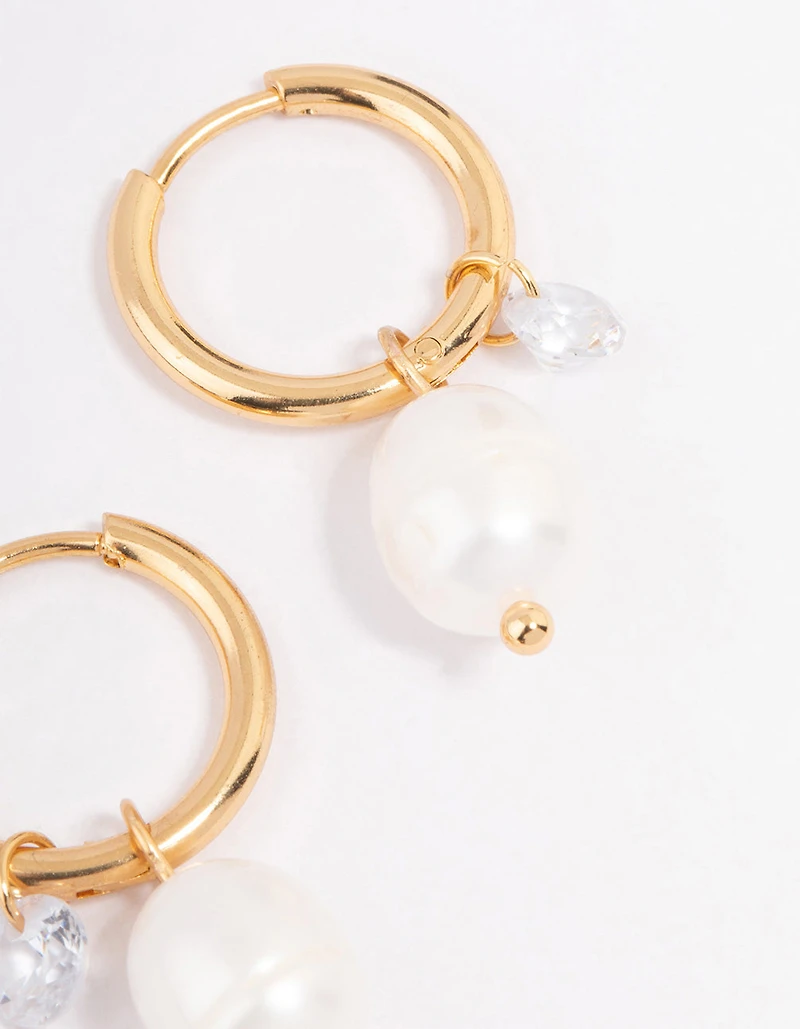 Waterproof Gold Plated Stainless Steel Classic Freshwater Pearl & Cubic Zirconia Huggie Earrings