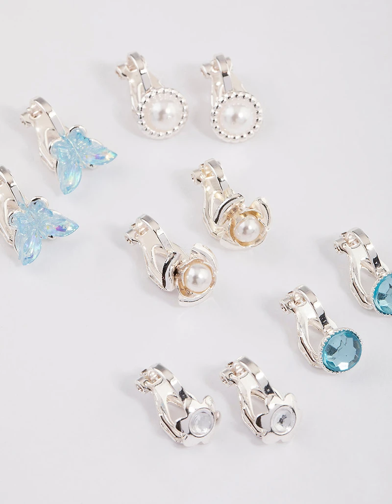 Silver Flower & Butterfly Clip On Earrings 5-Pack