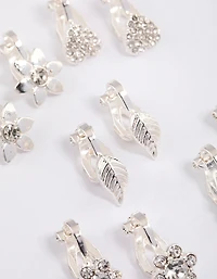 Silver Paved Heart Flower Clip On Earrings 5-Pack