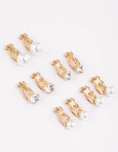 Pack de 5 boucles d’oreilles dorées perlées & diamants à clipser