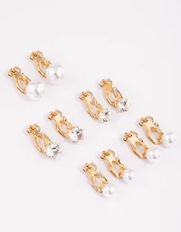 Pack de 5 boucles d’oreilles dorées perlées & diamants à clipser