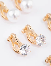 Gold Pearl & Diamante Clip On Earrings 5-Pack