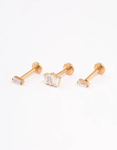 Gold Plated Surgical Steel Cubic Zirconia Baguette Flat Back Pack