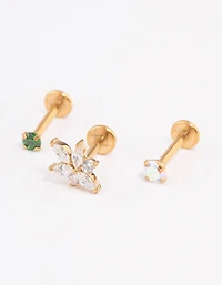 Gold Plated Surgical Steel Emerald Cubic Zirconia Flat Back Pack
