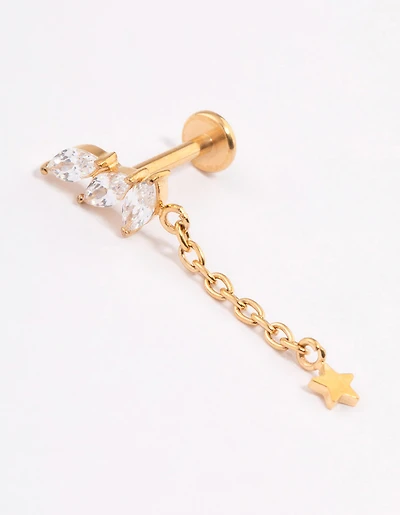 Gold Plated Surgical Steel Cubic Zirconia Triple Leaf Drop Flat Back
