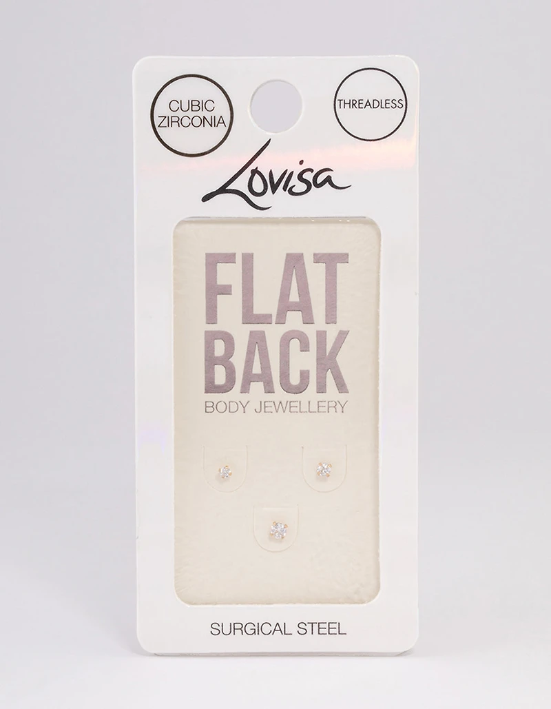 Gold Plated Surgical Steel Cubic Zirconia Stud Flat Back Pack