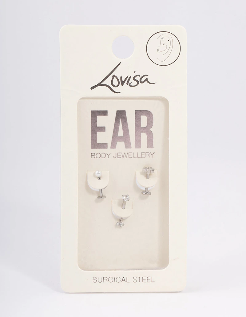Surgical Steel Cubic Zirconia Pearl & Flower Earrings Pack